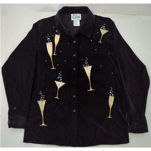 Quacker Factory Black Velveteen Champagn Flutes Jacket Sequins Embroidered Sze S - Picture 1 of 9